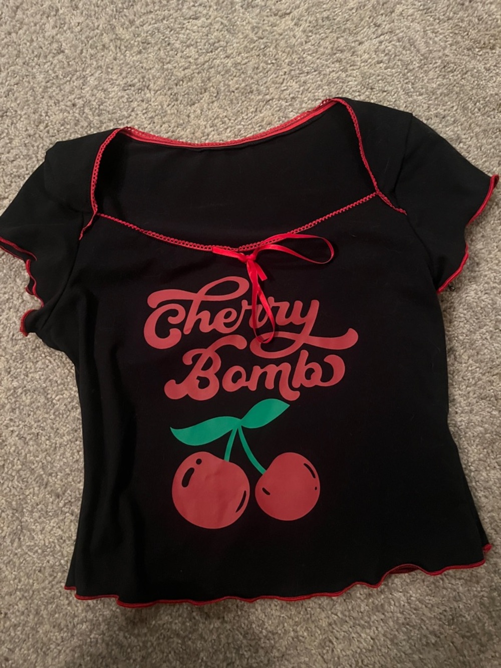 Black 'Cherry Bomb' Graphic Tee with Red Trim